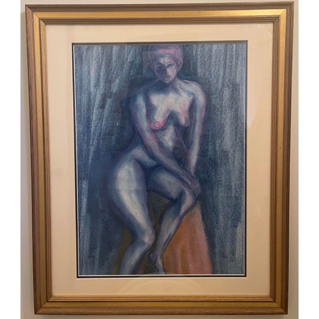 1980s Vintage Cobalt Blue Nude Female Figure Study Framed Painting For Sale - Image 5 of 5