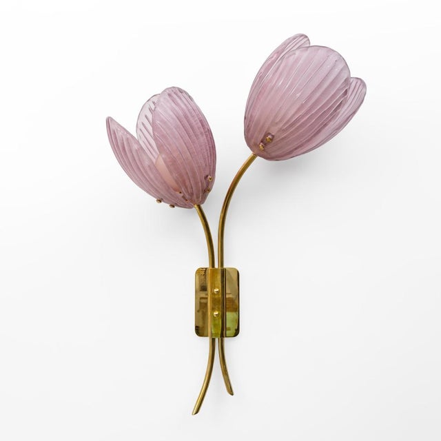 Mid-Century Modern Murano Glass and Brass Tulip Sconces, 2000s, Set of 2 For Sale - Image 3 of 9