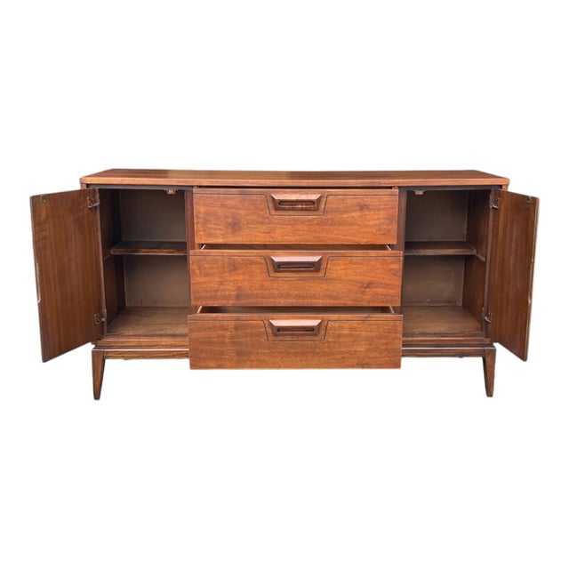 Wood Mid-Century Modern Walnut Buffet With Sculpted Drawer Pulls- Restored For Sale - Image 7 of 13
