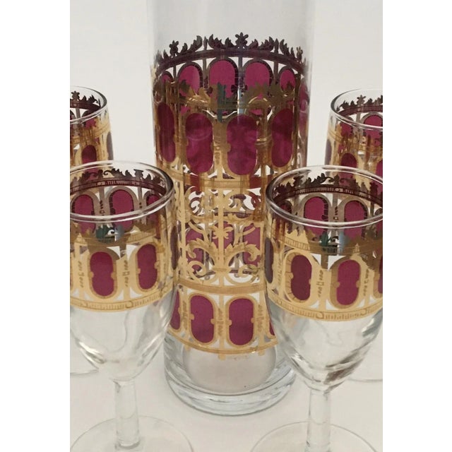Culver Ltd. Mid-Century Modern Culver Cranberry Scroll Pitcher Set With Six Stems- 7 Pieces For Sale - Image 4 of 5