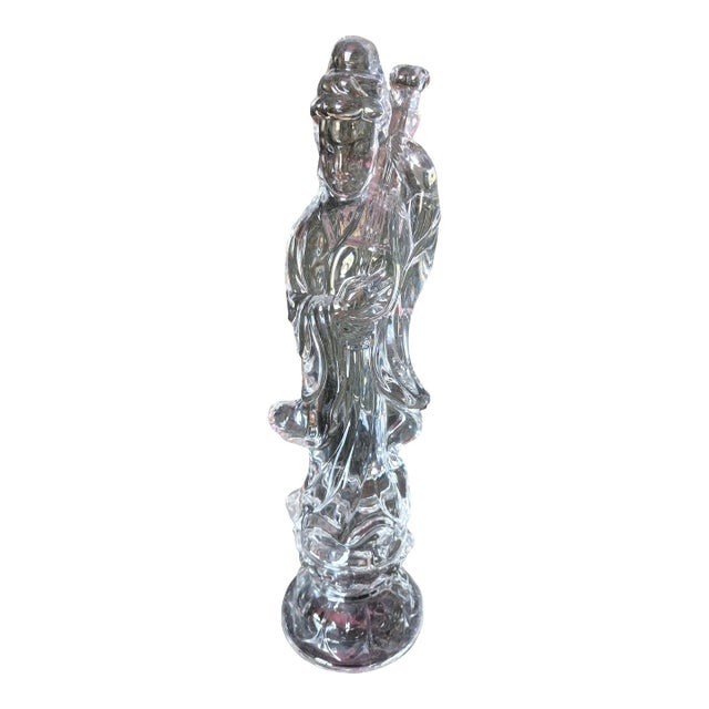 Vintage Hand-Carved Chinese Clear Rock Crystal Guanyin Sculpture (Jg) For Sale