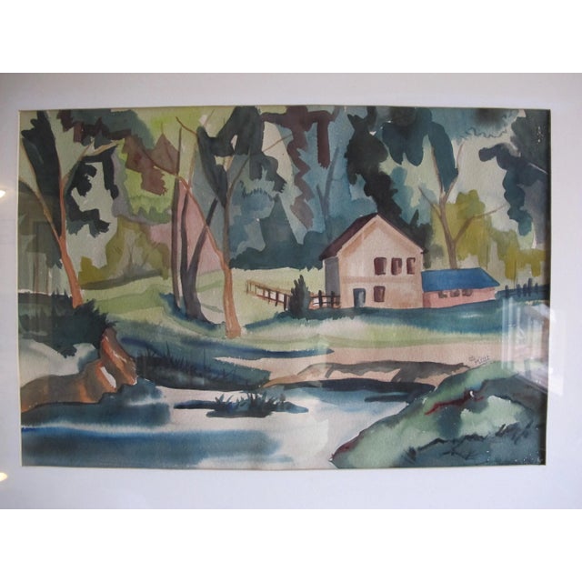 Nice painting from 1962 depicting a farm along the river. I love the deep dark and moody green hues in this watercolor....