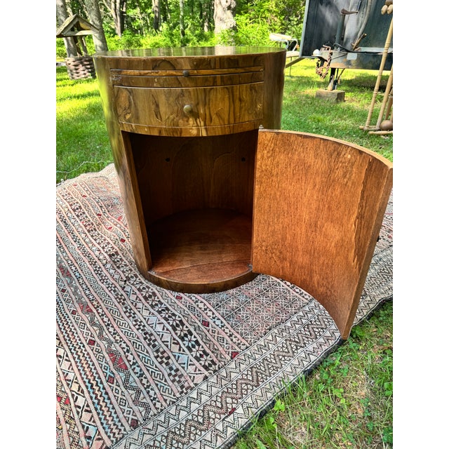 Attributed to William Switzer Postmodern MCM Burl Walnut Drum Table / Nightstand For Sale - Image 10 of 12
