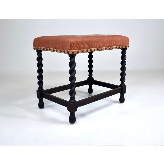 Late 19th Century Antique English Barley Twist Bench Stool in Oak With Tapestry For Sale - Image 5 of 8