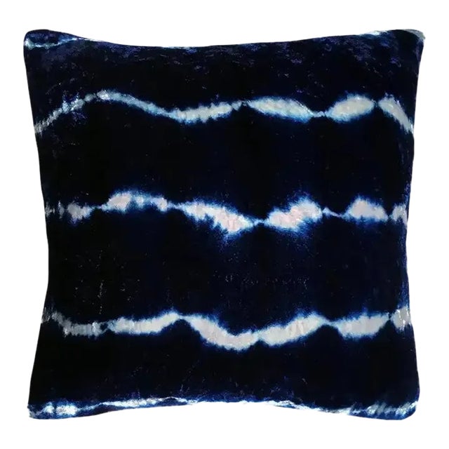 Rousseau Hand Dyed Silk Velvet Pillow, Silver Gray & Indigo Blue Stripe Abstract Pattern For Sale