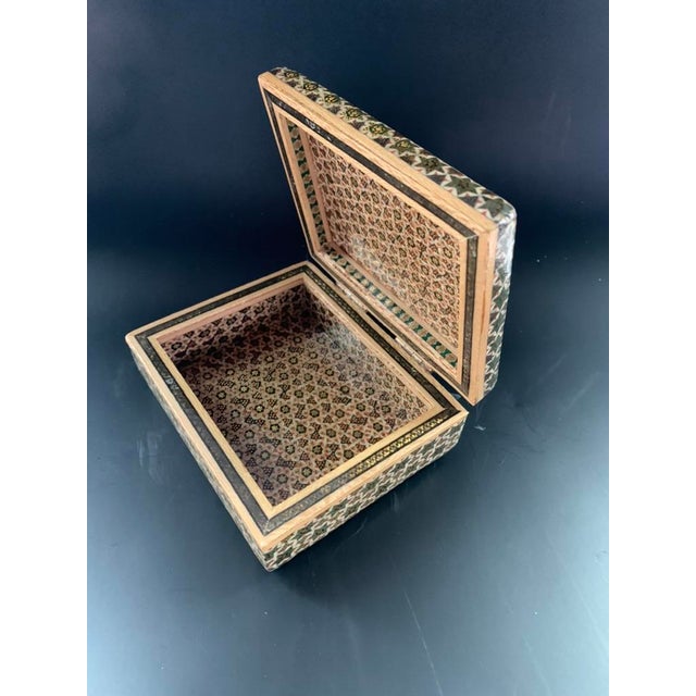Persian Persian Geometric Inlay Khatamkari Wood Trinket Box Lidded Rectangle For Sale - Image 3 of 9