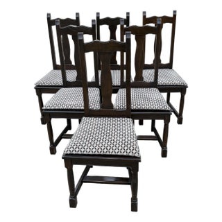 Vintage French Country Dark Oak Dining Chairs - Set of Six For Sale