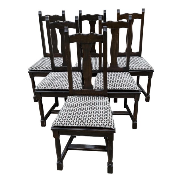 Vintage French Country Dark Oak Dining Chairs - Set of Six For Sale