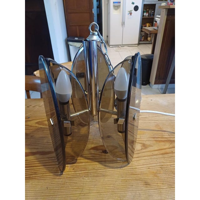 Vintage Chrome and Smoked Glass Chandelier attributed to Fontana Arte, 1970 For Sale - Image 10 of 17