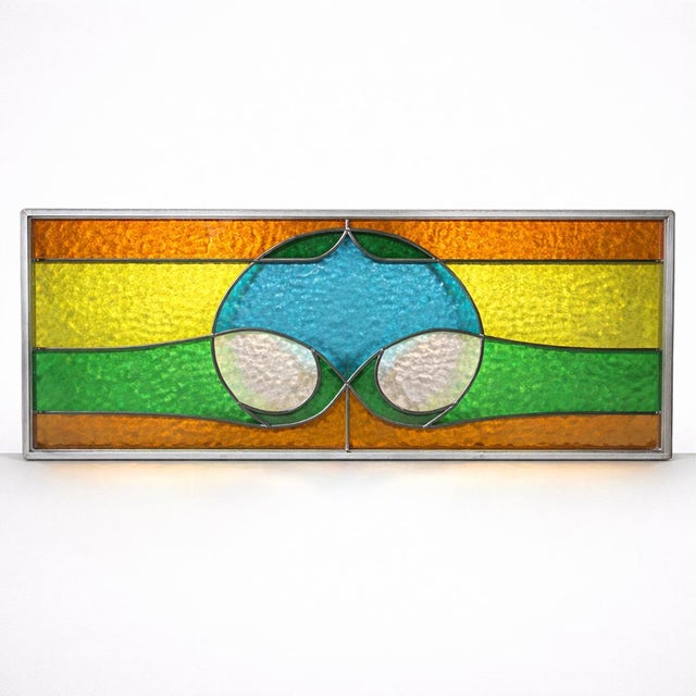 Vintage Geometric Stained Leaded Glass Window Panel For Sale - Image 10 of 10
