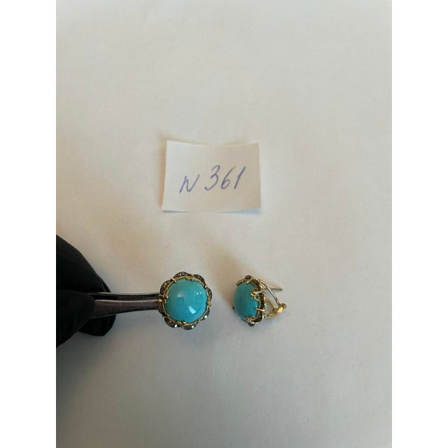 Blue Teal Turquoise Diamonds Halo Floral 14k Yellow Gold Statement Earrings - Set of 2 For Sale - Image 12 of 12