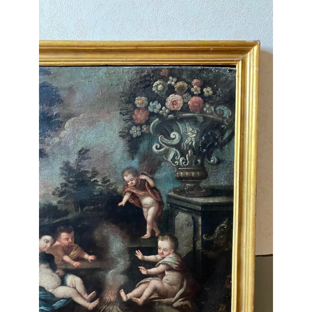 Baroque Italian School, 1600s, Allegory of Winter, Putti, Cherubs Still Life, 1800s, Oil on Canvas & Wood & Gold Leaf, Framed For Sale - Image 3 of 10