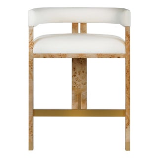 Matthew Izzo Home Cruise Natural Matte Burlwood Veneer Barrel Back, Tri Leg Counter Stool With Brass Ferrule and White Performance Linen For Sale