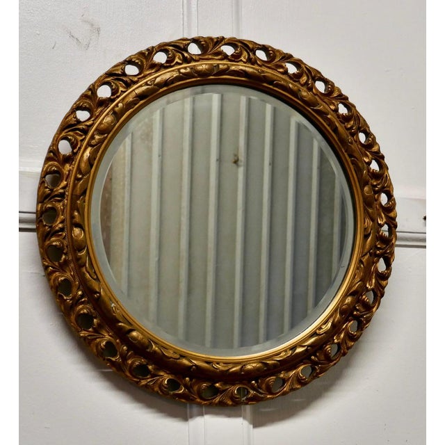 Carved Bevelled Gilt Round Wall Mirror, 1920 For Sale - Image 3 of 6