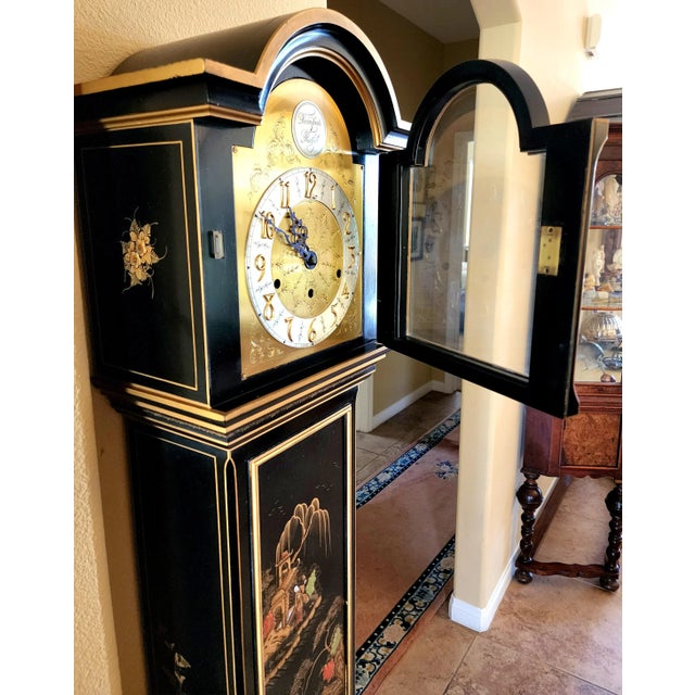 Elegant Elliott of London Modern Black Chinoiserie Long Case Clock For Sale - Image 12 of 12