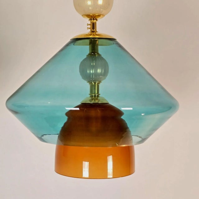 Metal Pair of Petrol Blue Glass Pendants, Italy For Sale - Image 7 of 12