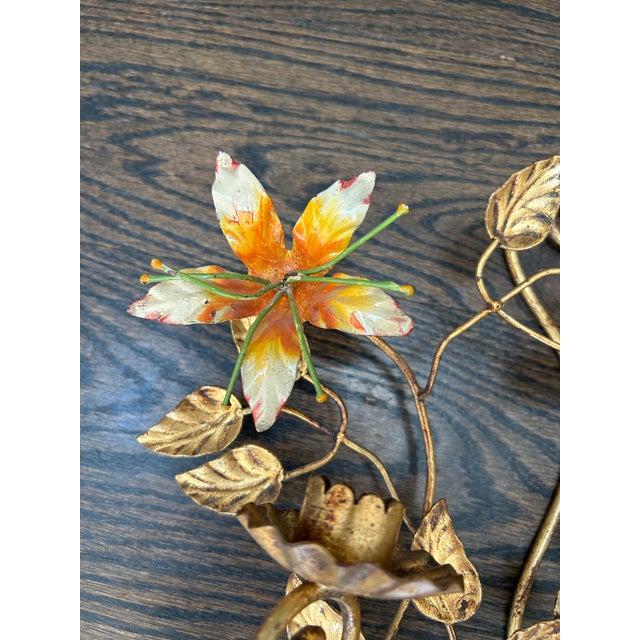 Pair Vintage Italian Hand Painted Gilt Tole Sconces For Sale - Image 4 of 6