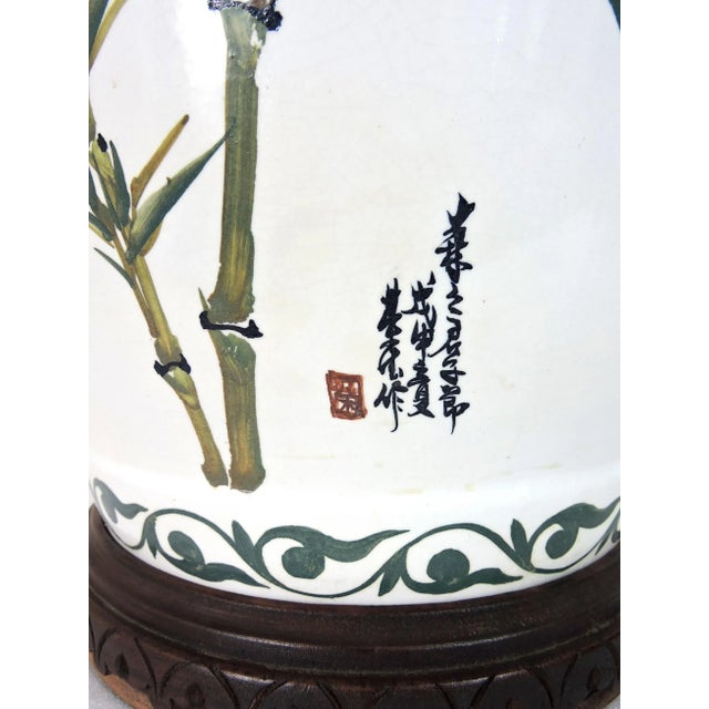 Wood Vintage Chinese White Porcelain Garden (Drum) Stool With Green Bamboo, Pink & Blue Flowers, Side Table on Custom Rosewood Wood Display Stand For Sale - Image 7 of 11