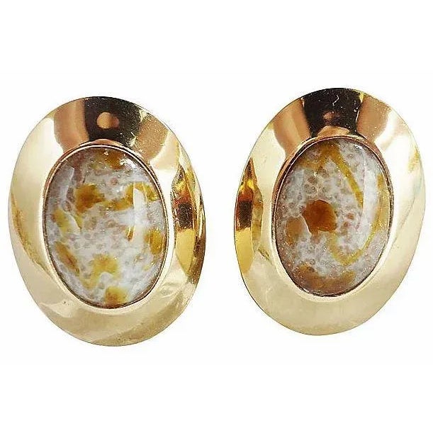 Napier Vintage 1960s Signed Napier Cabochon Faux-Agate Rhinestone Clip Earrings - 2 Pieces For Sale - Image 4 of 11