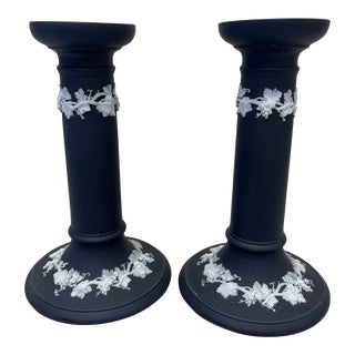 1970s Wedgwood Black Jasperware Candlesticks- a Pair For Sale