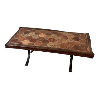 Vintage French Terracotta Tile Coffee Table with Oak and Iron Base, France For Sale