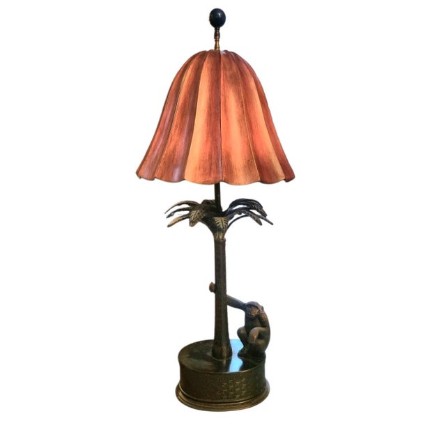Vintage Palm Beach Regency Cast Iron Palm Tree Monkey Table Lamp W/ Hard Pleated Bell Red Parasol Shade For Sale - Image 12 of 12