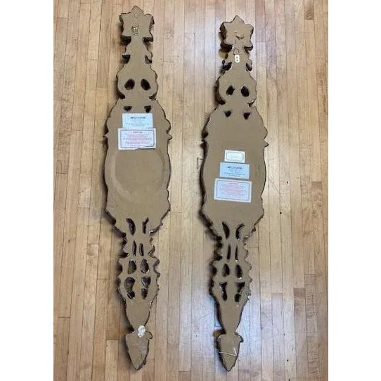 Wood Set of 2 Long Carved Antiqued Gold and Silver Mirrors For Sale - Image 7 of 12