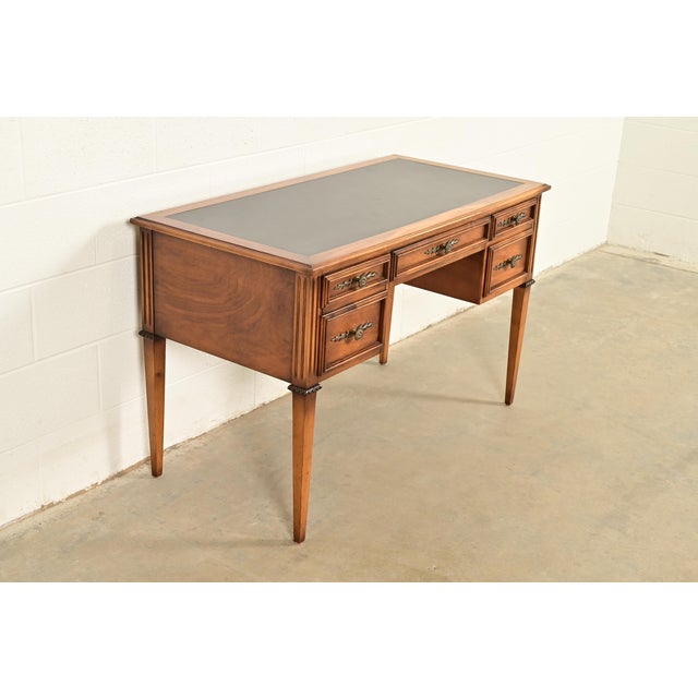 Sligh-Lowry Furniture Co. Sligh Furniture French Regency Louis XVI Carved Walnut Leather Top Writing Desk, Circa 1960s For Sale - Image 4 of 14
