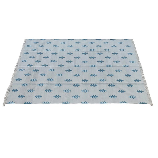 Handmade Pale Aqua and Teal Blue Cotton Tree Pattern Rug - 8x10 For Sale - Image 11 of 11