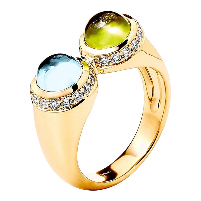 Syna Peridot and Blue Topaz Yellow Gold Ring with Diamonds For Sale