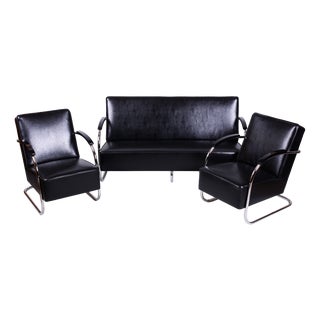 Bauhaus Seating Set in Chrome and Leather from Mücke Melder, Czech, 1930s, Set of 3 For Sale