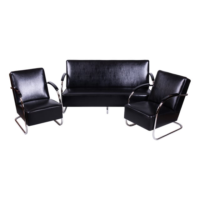 Bauhaus Seating Set in Chrome and Leather from Mücke Melder, Czech, 1930s, Set of 3 For Sale