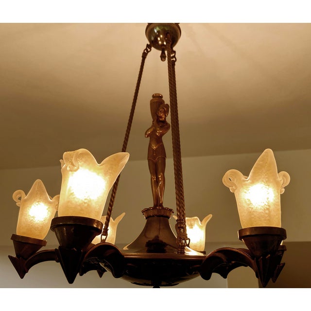 Large Art Deco Sculptural Chandelier in Bronze and Glass, 1930s For Sale - Image 14 of 18