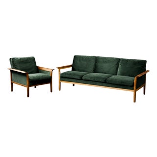Vintage Norwegian Rosewood and Bottle Green Velour Sofa and Chair by Knut Sæter for Vatne Møbler, 1960s, Set of 2 For Sale