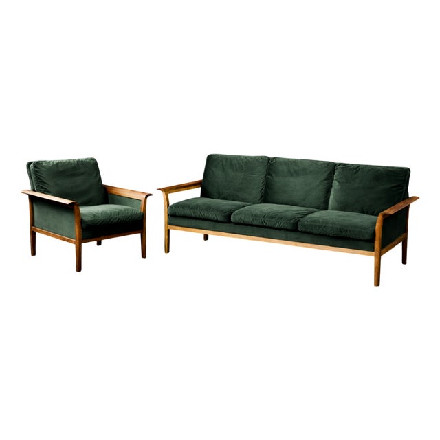 Vintage Norwegian Rosewood and Bottle Green Velour Sofa and Chair by Knut Sæter for Vatne Møbler, 1960s, Set of 2 For Sale