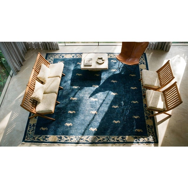 1880s Navy Blue Classic Antique Chinese Peking Rug 8'2" X 9'6" Hand Knotted Wool Carpet For Sale - Image 9 of 9