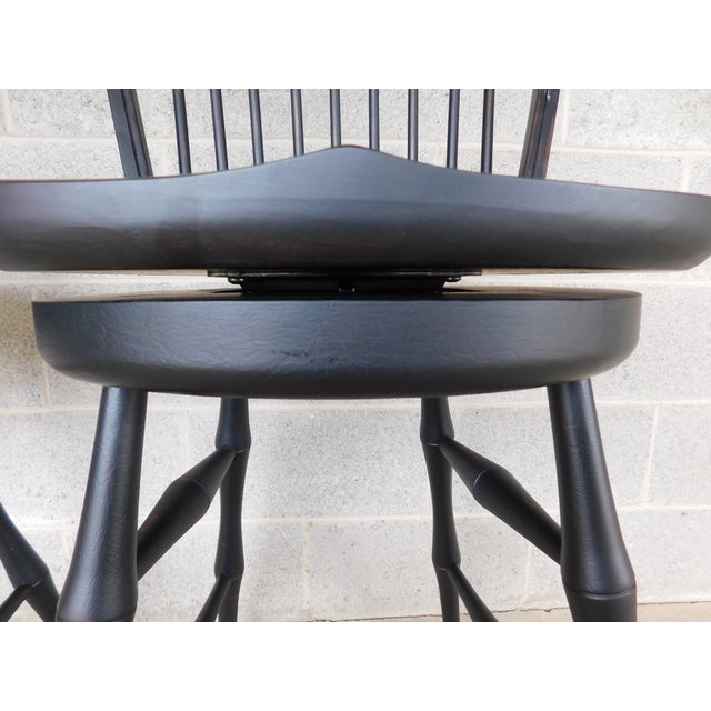 Wood Custom Black Distressed Hoop Back Windsor Style Counter Height Stools - A Pair For Sale - Image 7 of 17