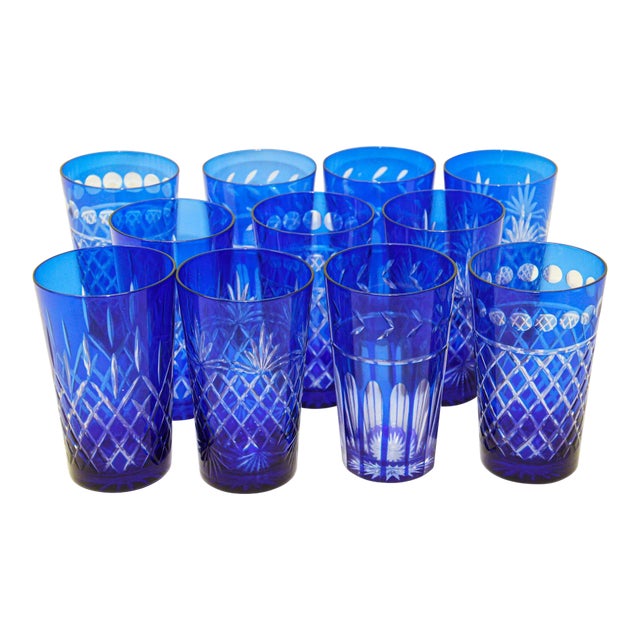 Cobalt Blue Cut to Clear Crystal Drinking Rock Glasses Tumblers Set of 11 For Sale