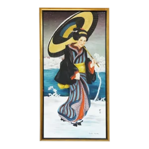 Mid 20th Century Geisha Oil on Canvas Board Signed Original