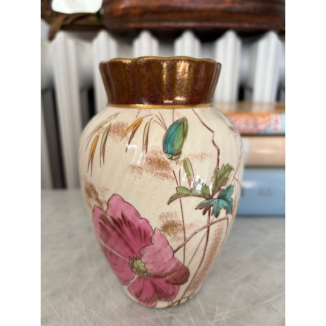 Exquisite English vase from the 1800s, made by Adderley. Poppy and grass seeds in tones of gold, rose pink, teal, and...