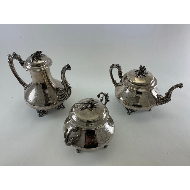 Silver Late 19th Century Napoleon III Sterling 3 Pc Tea & Coffee Set w/ Tray For Sale - Image 8 of 18