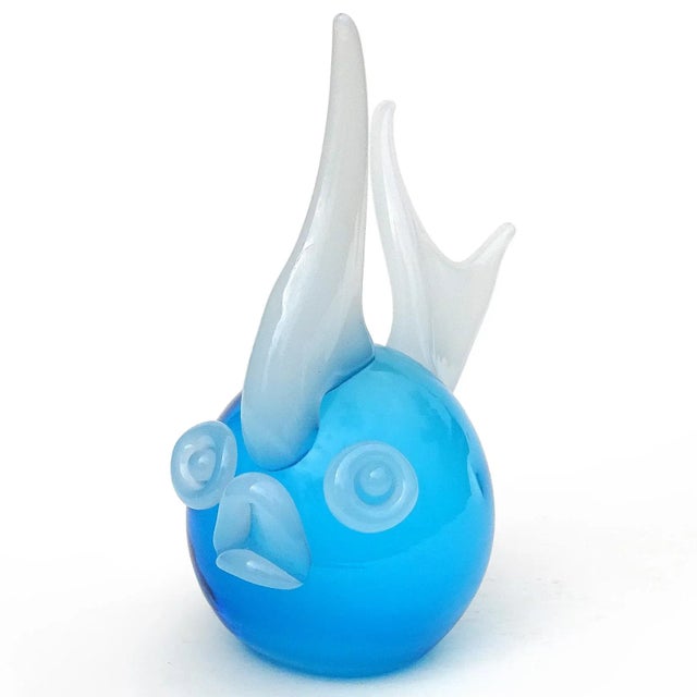 Figurative Murano Vintage Blue White Opalescent Italian Art Glass Fish Figurine Paperweight Sculpture For Sale - Image 3 of 9