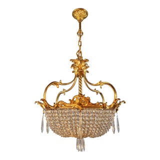 1920s Art Nouveau Brass Chandelier Lustre Ceiling Lamp For Sale