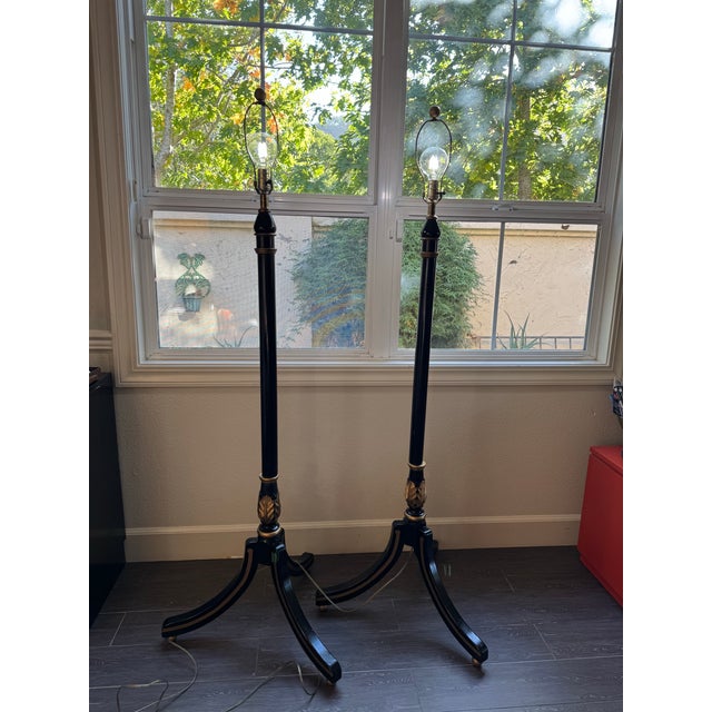 Vintage, Neoclassical Ebonized & Gilt Tripod Floor Lamps Pair For Sale In San Francisco - Image 6 of 12
