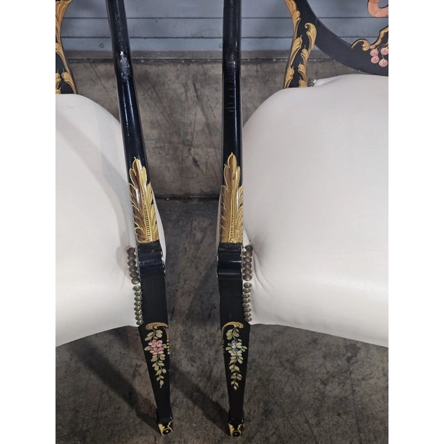 Black Late 20th Century Pair of Karges Hepplewhite Plum Arm Chairs Ebonized, Carved Hand Painted Leather Fabric For Sale - Image 8 of 12