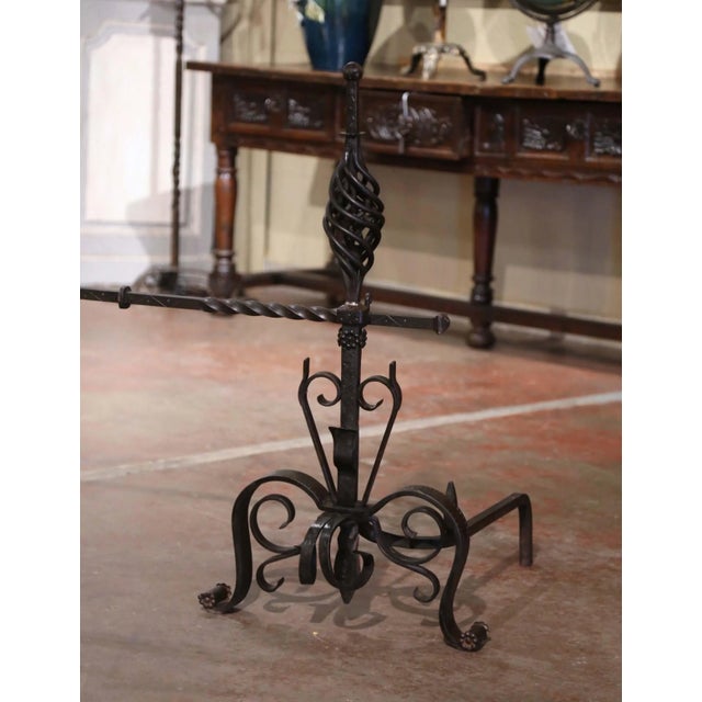 Pair of Mid-19th Century French Gothic Wrought Iron Andirons With Crossbar For Sale - Image 4 of 10