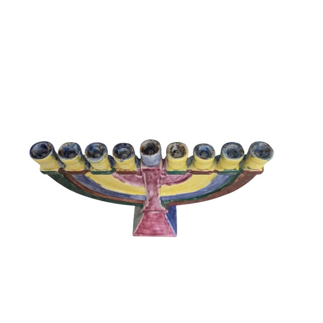 Postmodern Vintage Hand Painted Ceramic Studio Pottery Menorah For Sale - Image 3 of 16