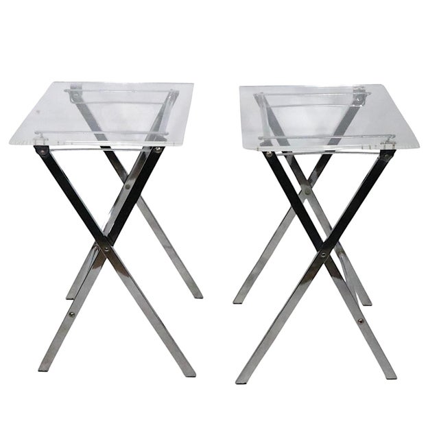 Post Modern Hollywood Regency Lucite Chrome Folding Table Set C 1970's For Sale In New York - Image 6 of 12