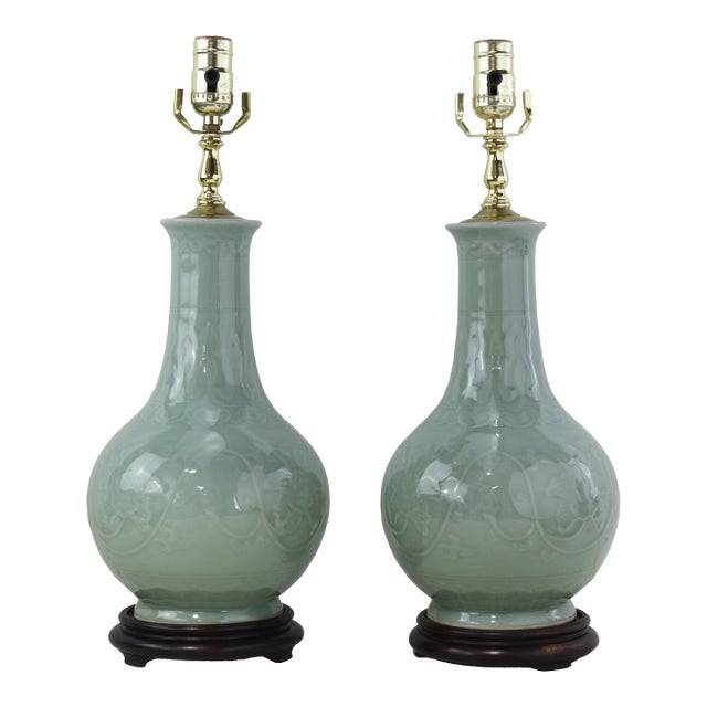 Pair of Vintage Celadon Green Porcelain Table Lamps Incised Floral Motif With Rosewood Bases For Sale