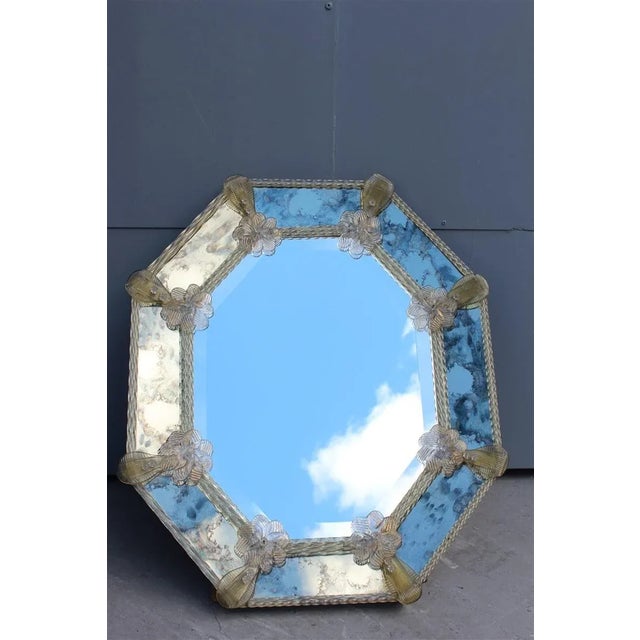 Octagonal Murano Glass Mirror with Gold Dusted Flowers and Braids, 1950s For Sale - Image 9 of 9